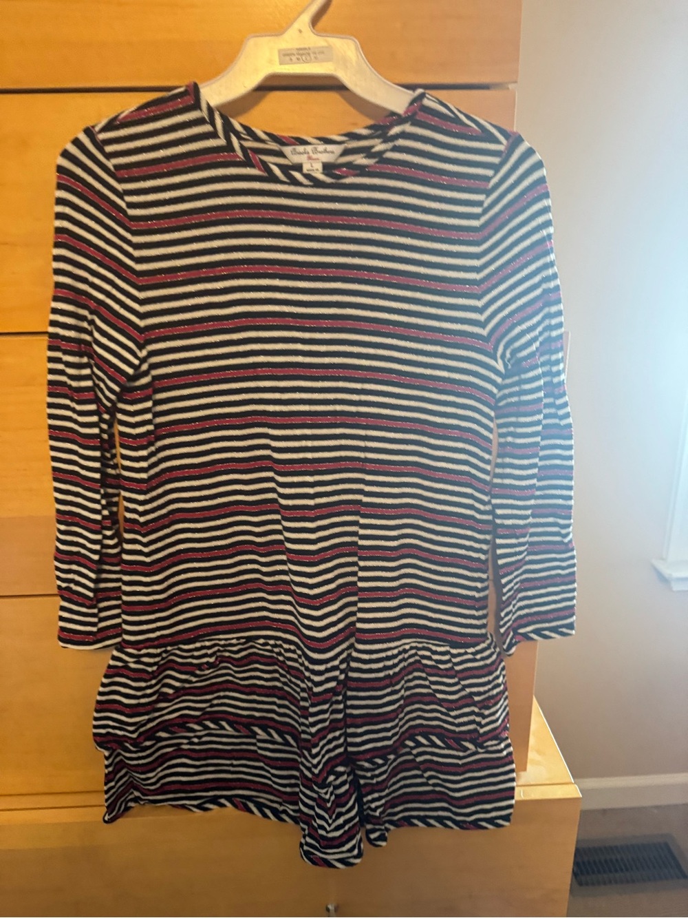 Girls Brooks Brothers Striped Long Sleeved Dress Black, White & Red and Metallic